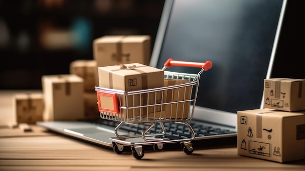 A shopping cart and boxes standing on a laptop