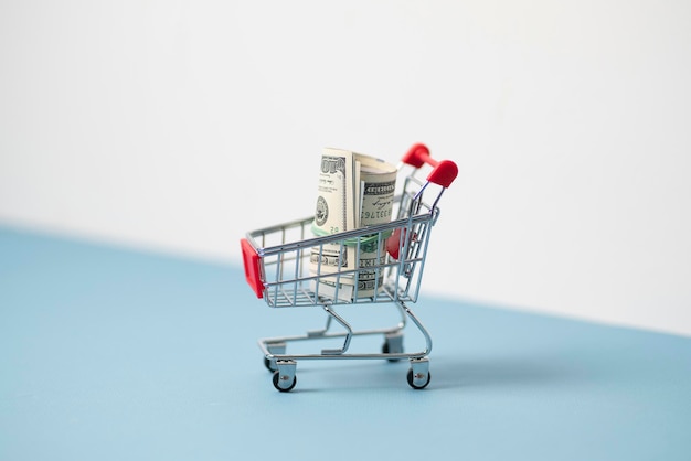 A a shopping cart carrying bunch of dollar banknotes