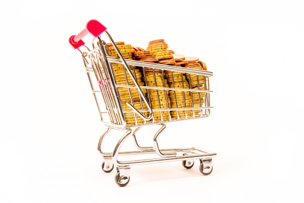 Shopping cart and coins, money