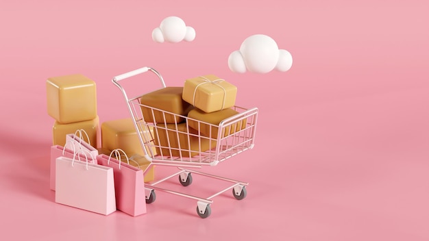 Shopping cart Delivery boxes on pink background Delivery concept 3D rendering