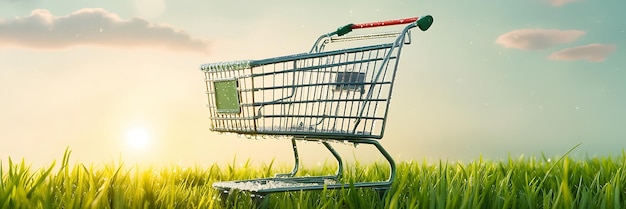 a shopping cart in a field with a sky background