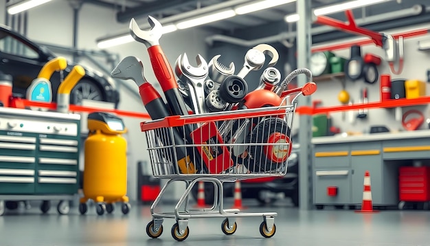 Photo shopping cart filled with automobile tools in a mechanics workshop