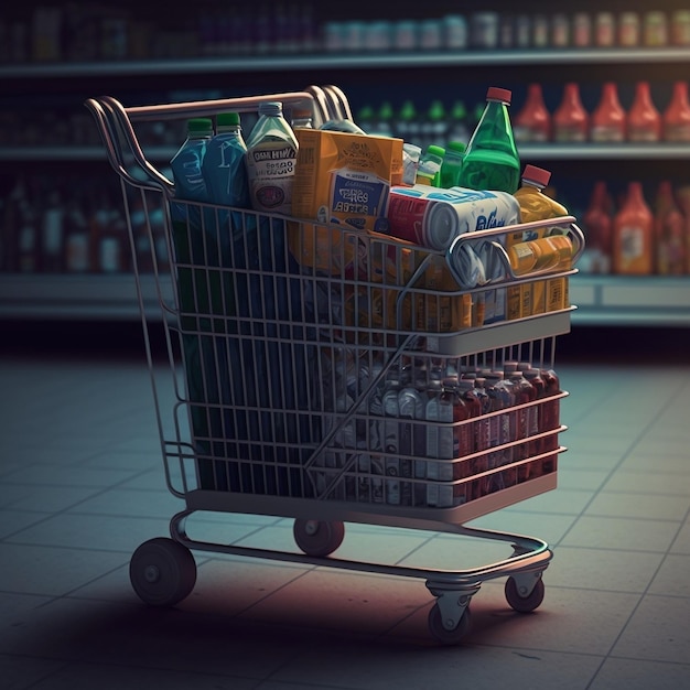 A shopping cart filled with drinks in a supermarket AI