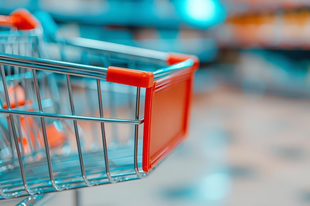 A shopping cart filled with groceries navigates through a bustling grocery store ready for a day of stocking up on essentials