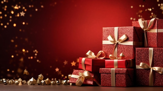 A Shopping cart filled with sparkling gifts on a red background