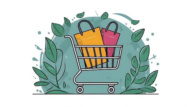 Photo shopping cart filled with various items and surrounded by shopping bags and fresh fruits depicting a vibrant and cheerful shopping experience ecofriendly shopping concept cart bags amidst leaves