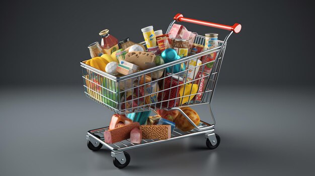 A shopping cart filled with various snacks