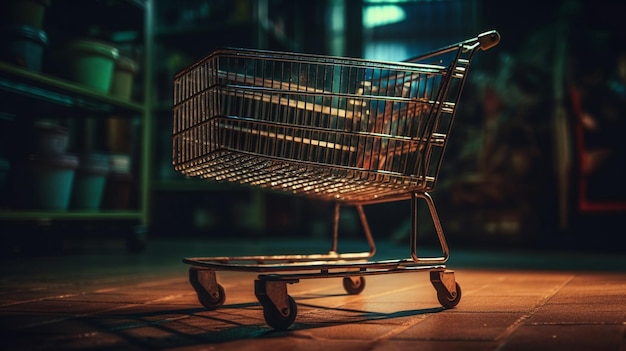 Shopping cart on the floor in the darkgenerative ai