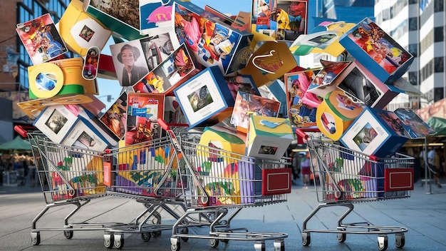 Photo a shopping cart full of books and a picture of a smiling face