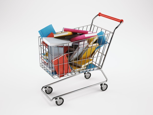 Shopping cart full of books on white background