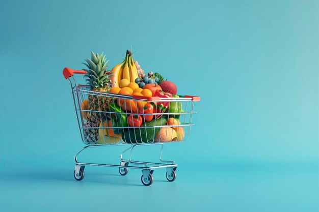 A Shopping cart full of food on blue background