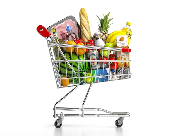 Shopping cart full of food isolated on white Grocery and food store concept