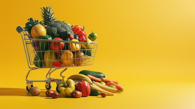 Shopping cart full fresh fruits vegetables various food items shopping cart yellow background