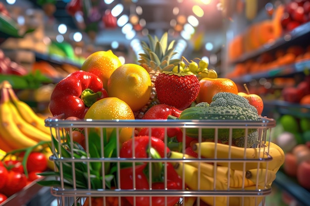 Shopping Cart Full of Fresh Vegetables and Fruits