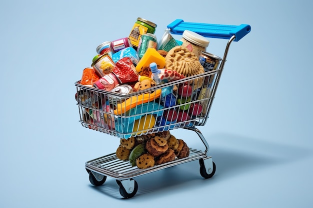 A shopping cart full of junk food