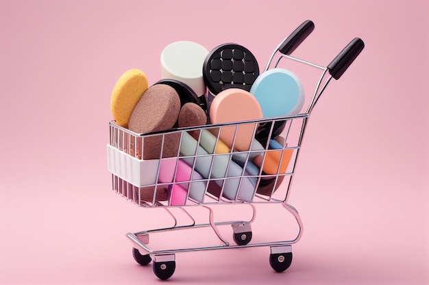 Shopping cart full of makeup products on pink background with copy space generative ai