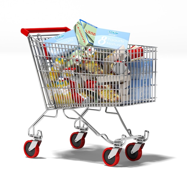 Shopping cart full of products 3D rendering