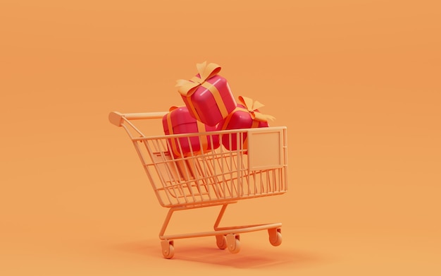 Shopping cart and gifts shopping theme 3d rendering