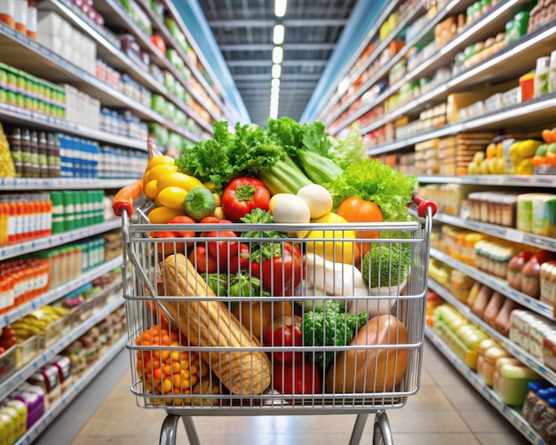 Shopping cart in grocery store full of fruits and vegetables