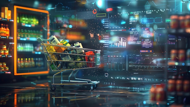 Photo shopping cart illustration cyberpunk shopping trolleygenerative ai shopping background