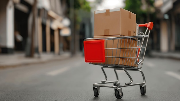 A shopping cart is parked on an empty street filled with cardboard boxes as sunlight illuminates the urban surroundings creating a calm atmosphere