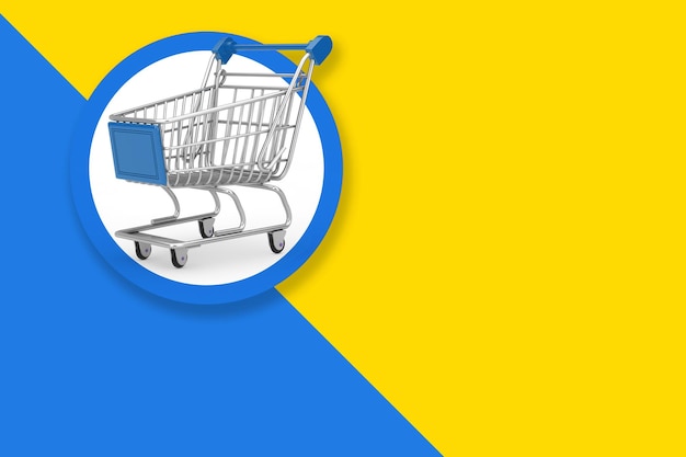 Photo shopping cart label tag with free space for your design on a yellow and blue background 3d rendering