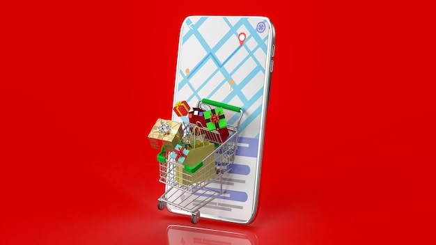 The shopping cart and mobile application for online market 3d rendering