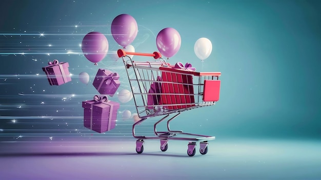 A shopping cart moves at the speed of light on a backdrop with balloons and gift boxes