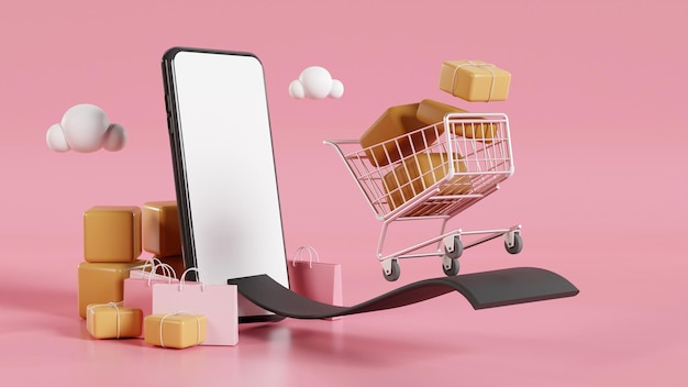 Shopping cart out of the smartphone Shopping online in smartphone concept 3D rendering