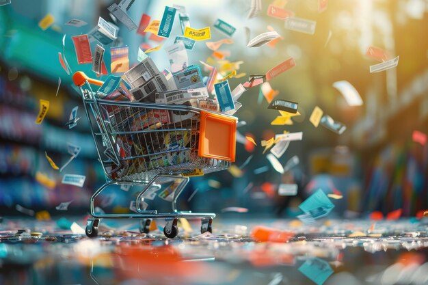 Photo shopping cart overflowing with coupons and discounts