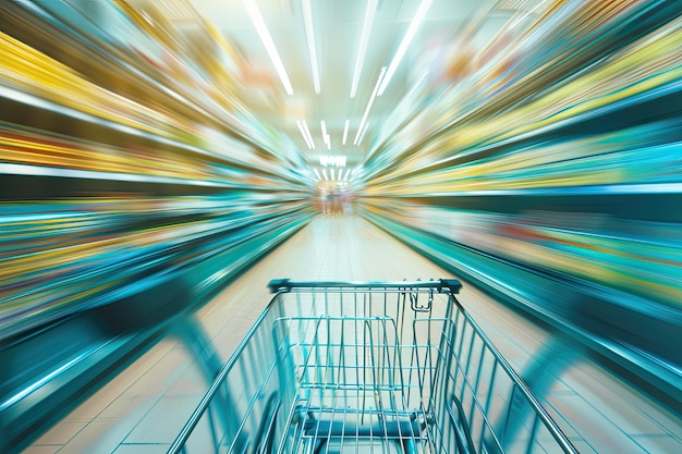 A shopping cart races down supermarket aisles the shelves blurring past in a dynamic display of speed and consumerism