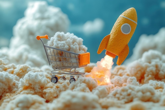 Photo shopping cart rocket launch into the clouds