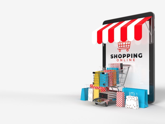 Shopping cart, shopping bags, credit card, And product box and the tablet Which is an online shop store internet digital market. Concept of Marketing and Digital marketing. 3d rendering