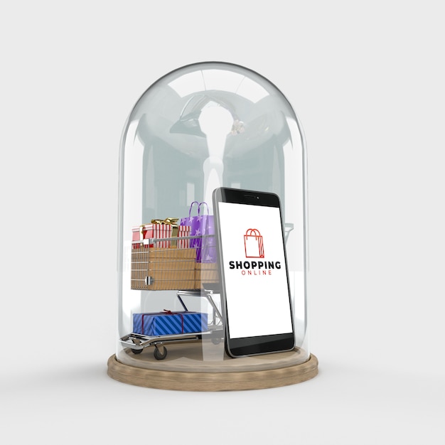 Shopping cart, shopping bags, gift box, parcels in a glass dome is an online shop store internet digital marketing.  Concept of e-commerce and digital marketing business. 3d rendering