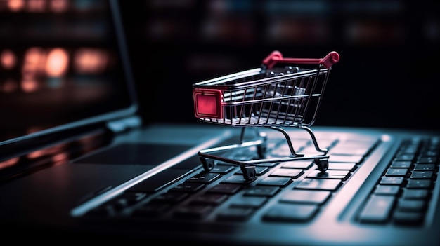 A shopping cart sits on a laptop keyboard