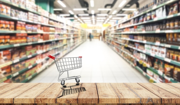 Shopping cart supermarket wood table top