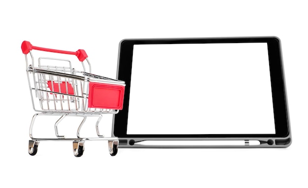 Shopping cart on tablet isolated on white background for marketing and online shopping concept