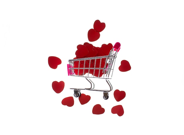 Shopping cart trolley with red paper hearts Valentines day sale buy gifts love or likes