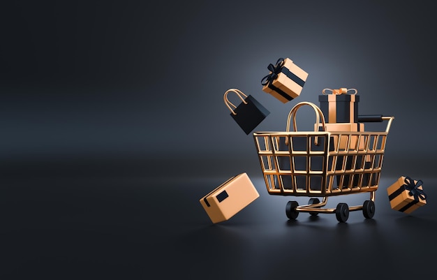 Shopping Cart with 3D Bags and Gift 3D Illustration