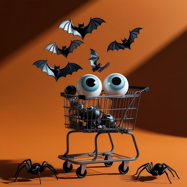 Photo a shopping cart with bats in it and a spider on the bottom