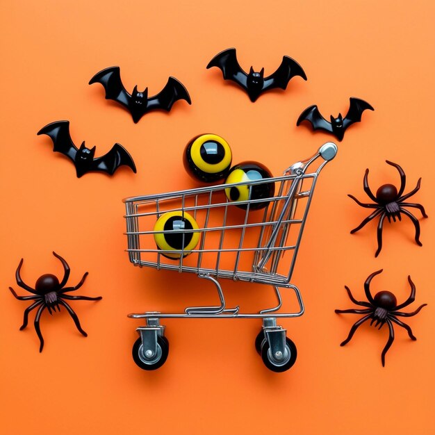 Photo a shopping cart with bats and spiders on it