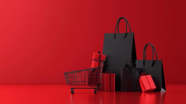 Photo a shopping cart with a black bag and a red background