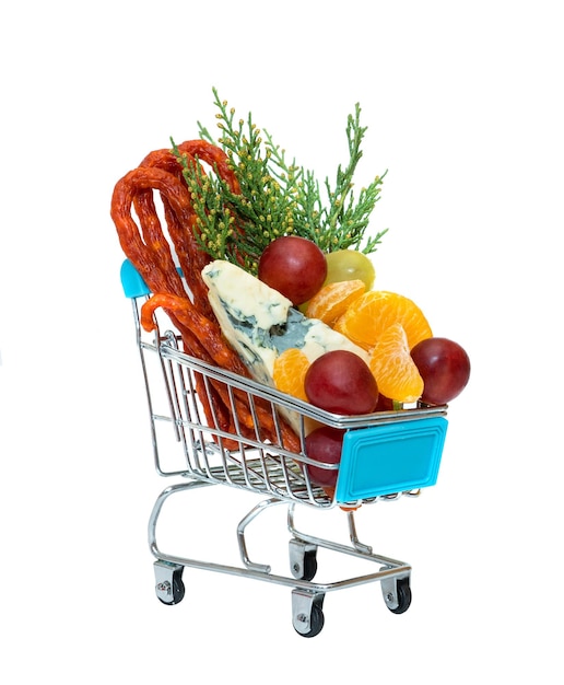 A shopping cart with a blue tint that says'food'on it