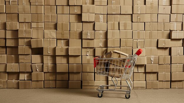 Photo a shopping cart with boxes on it stands next to a stack of cardboard boxes against a gray background conceptually depicting an online store selling goods