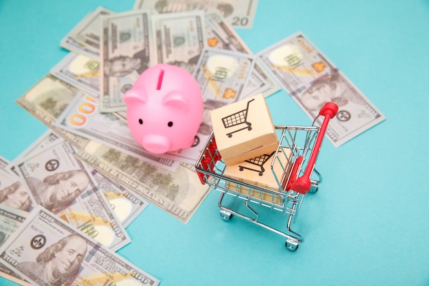 Shopping cart with boxes, pink piggy bank and dollar banknotes on blue.