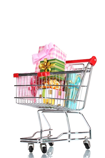 Shopping cart with bright gifts isolated 