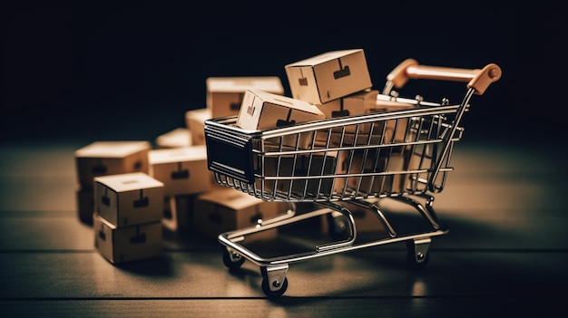 A shopping cart with cardboard boxes in it