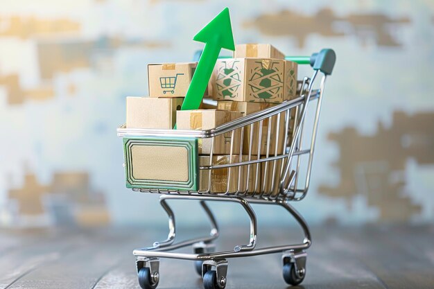 Shopping cart with cardboard boxes patterned with trading carts green up arrow inflation worldwide photo