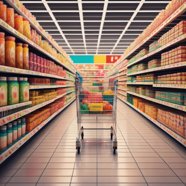 A shopping cart with a cart that says " food " on the bottom.