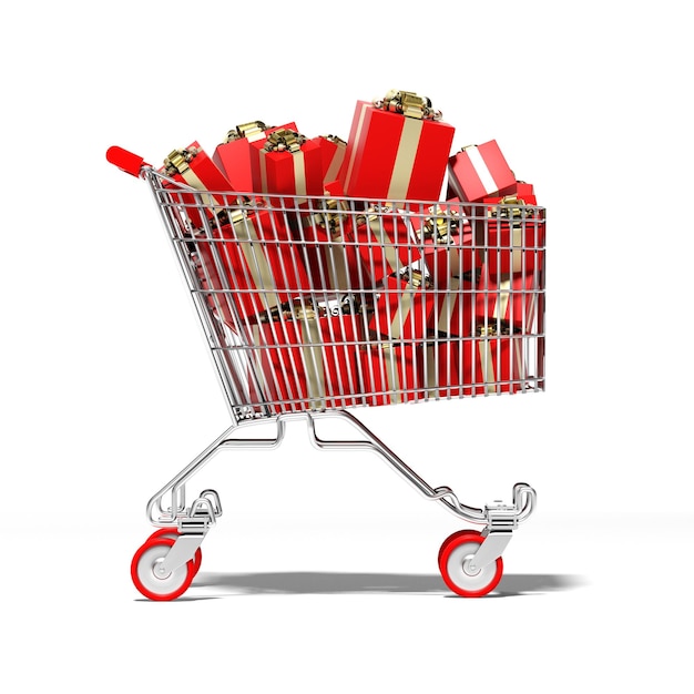 Shopping cart with Christmas gifts 3D illustration